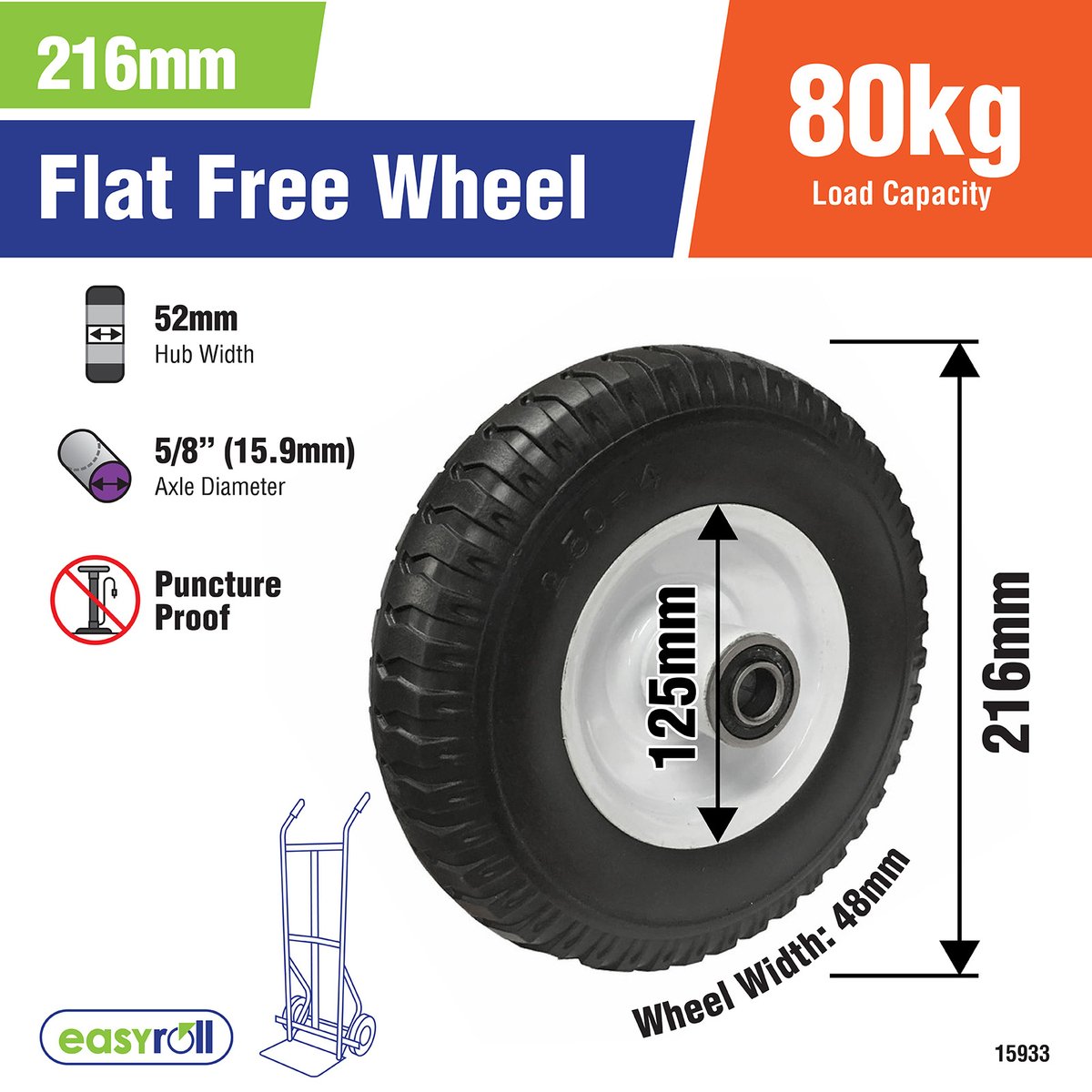 Easyroll 5/8 Inch 250 x 4 Flat Free Wheel - Steel Hub - Puncture Proof - SuperSaverAU - view 2