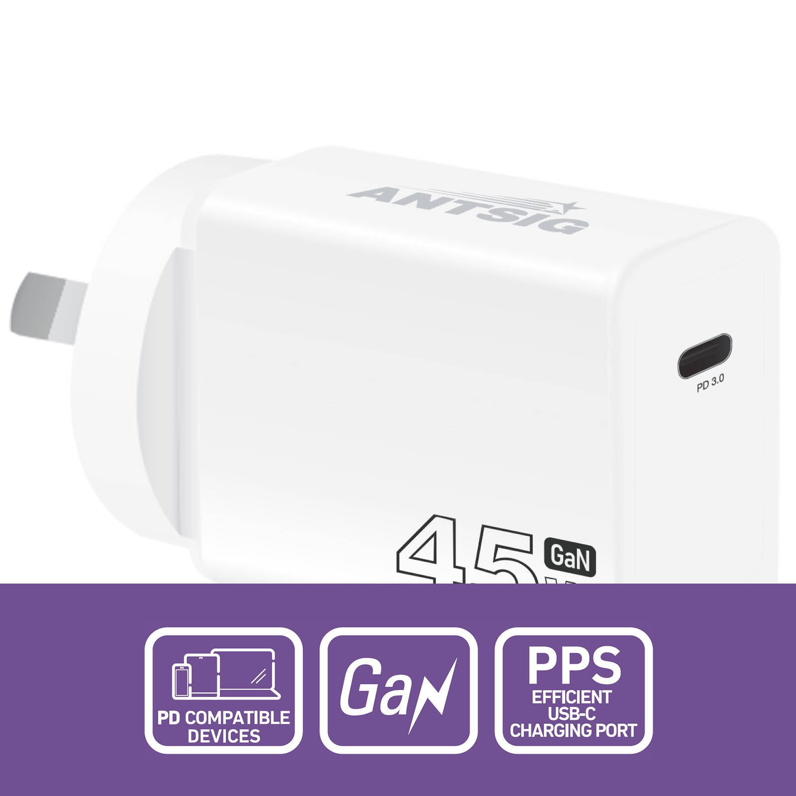 Antsig 45W USB-C GaN Wall Charger APWC45WC - White, Single-Port Fast Charge