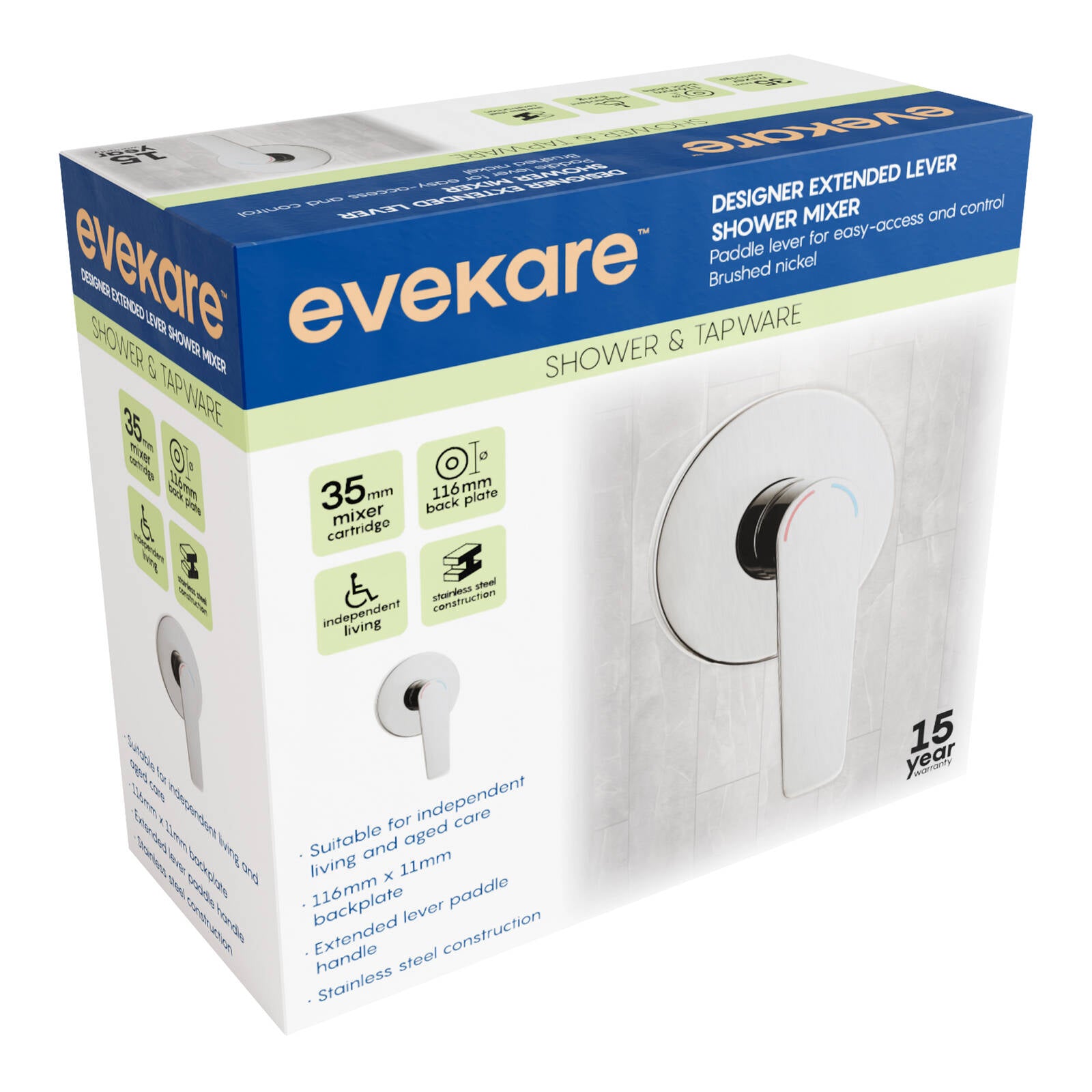 Evekare 35mm Brushed Nickel Extended Lever Shower Mixer