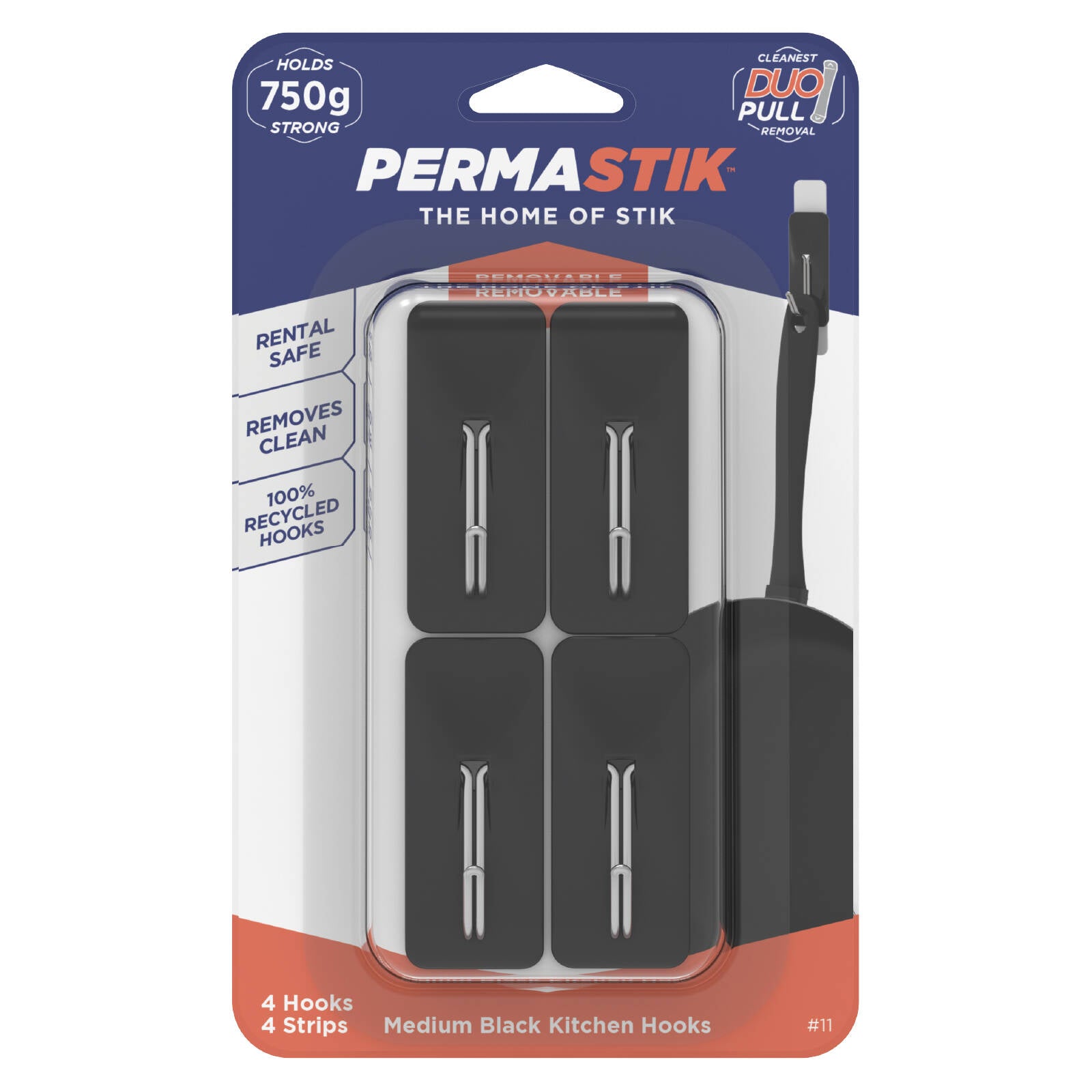 Permastik Medium Self-Adhesive Kitchen Hooks 4 Pack - Black, Holds 1kg