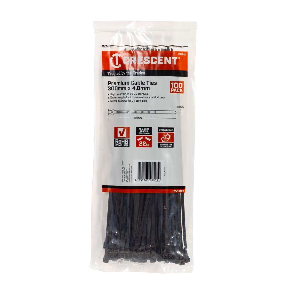 Crescent 300mm x 4.8mm Black UV Resistant Nylon Cable Ties 100 Pack