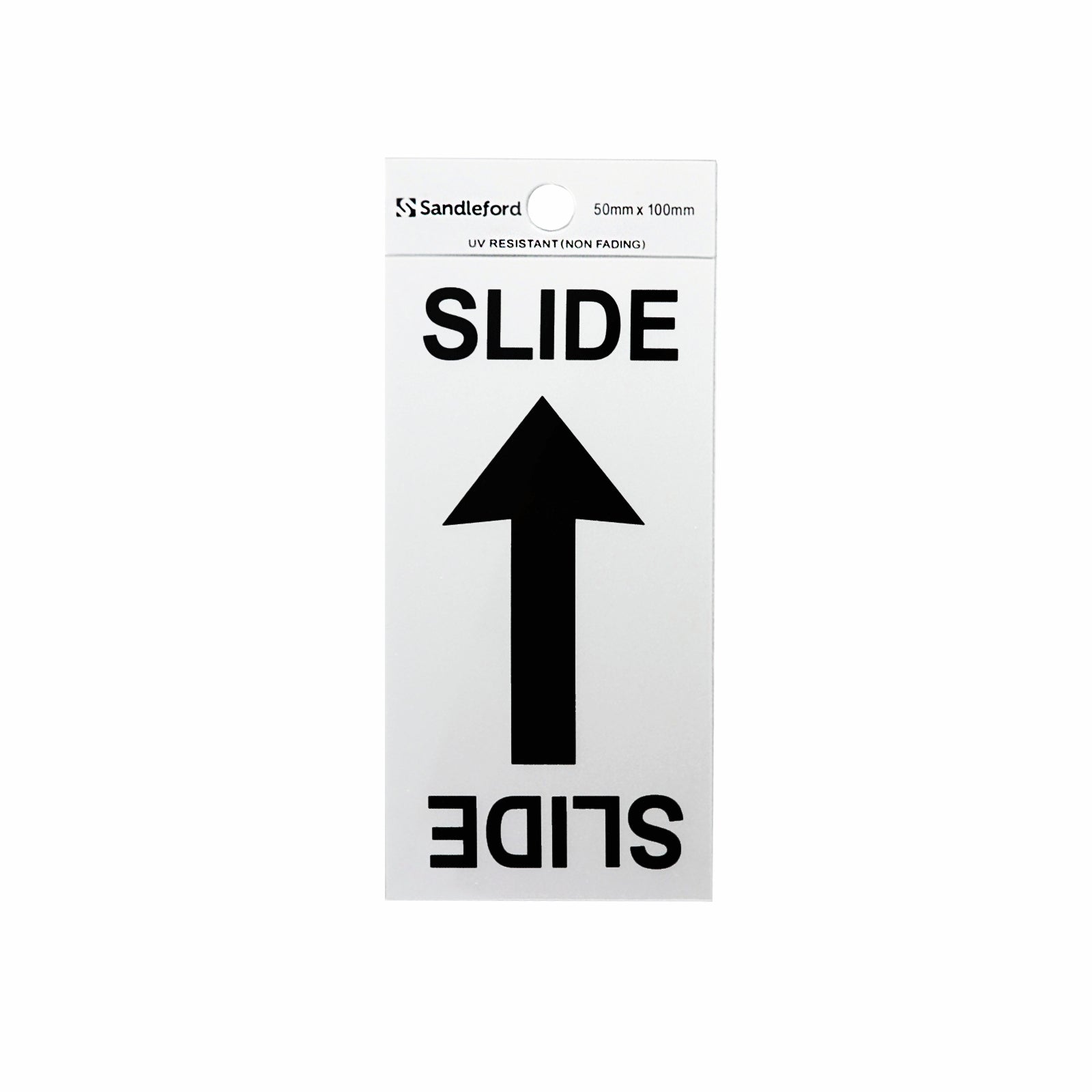 Sandleford 100 x 50mm Slide Arrow Symbol Self Adhesive Sign, Gloss Silver Weather Resistant Polycarbonate