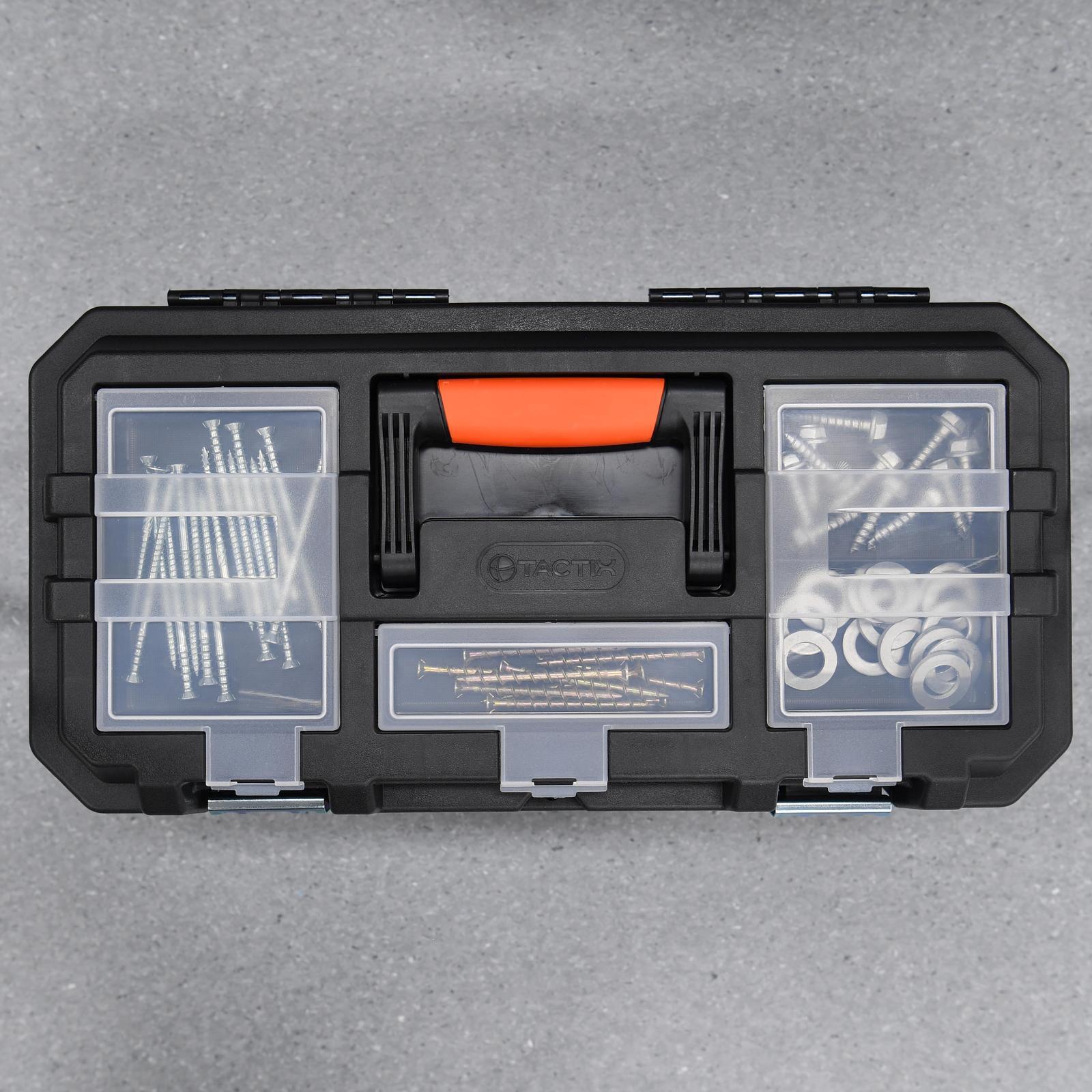 Tactix 507mm Polypropylene Tool Box, Lift-Out Tray, Clear-Lid Compartments, Black and Orange
