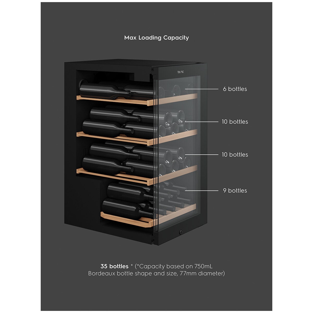Vintec 35 Bottle Single Zone Wine Fridge - Black, UV-Protected Glass Door, UV-Free LED Lighting - VWS830FAS-X