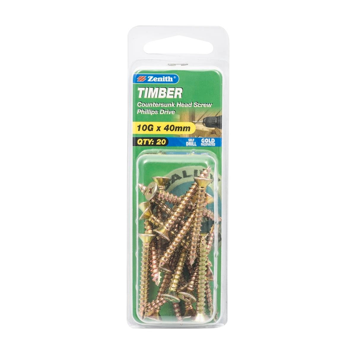 Zenith Timber Screws - 10g x 40mm - Gold Passivated - 20 Pack - SuperSaverAU - view 1