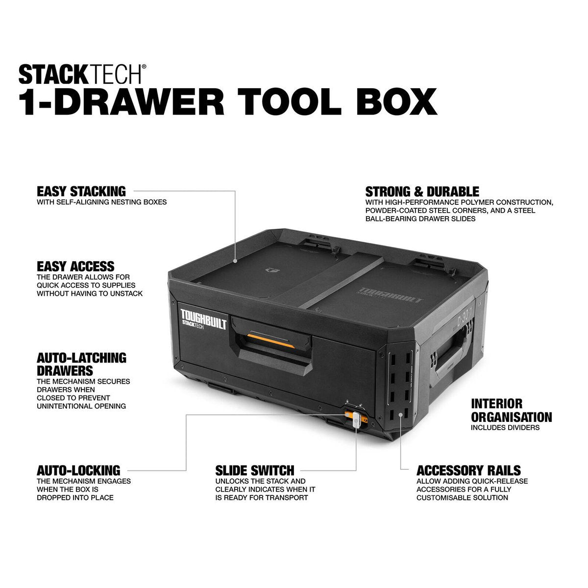ToughBuilt StackTech 1-Drawer Tool Box - Auto-Locking Modular Storage