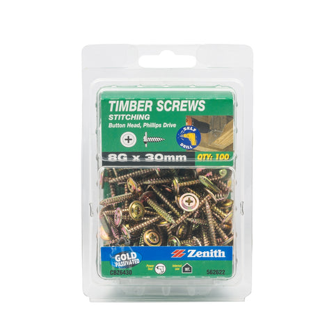 Zenith 8G x 30mm Gold Passivated Button Head Timber Screws - 100 Pack