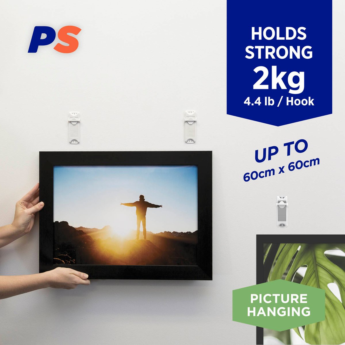 Permastik Adjustable Picture Hook 2 Pack - White Self Adhesive, No Drilling
