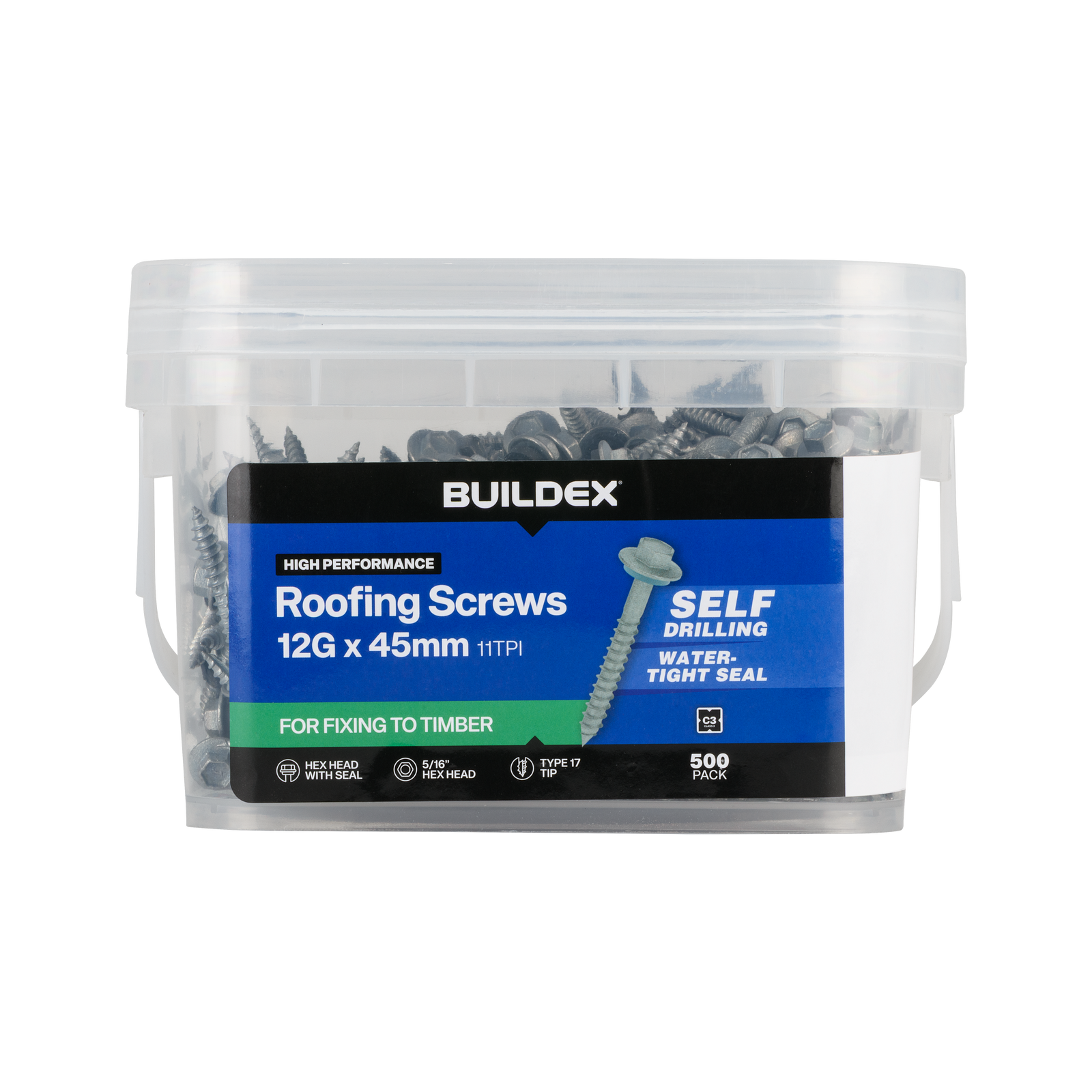 Buildex 12G x 45mm Class 3 Roofing Screws with Seal - 500 Pack