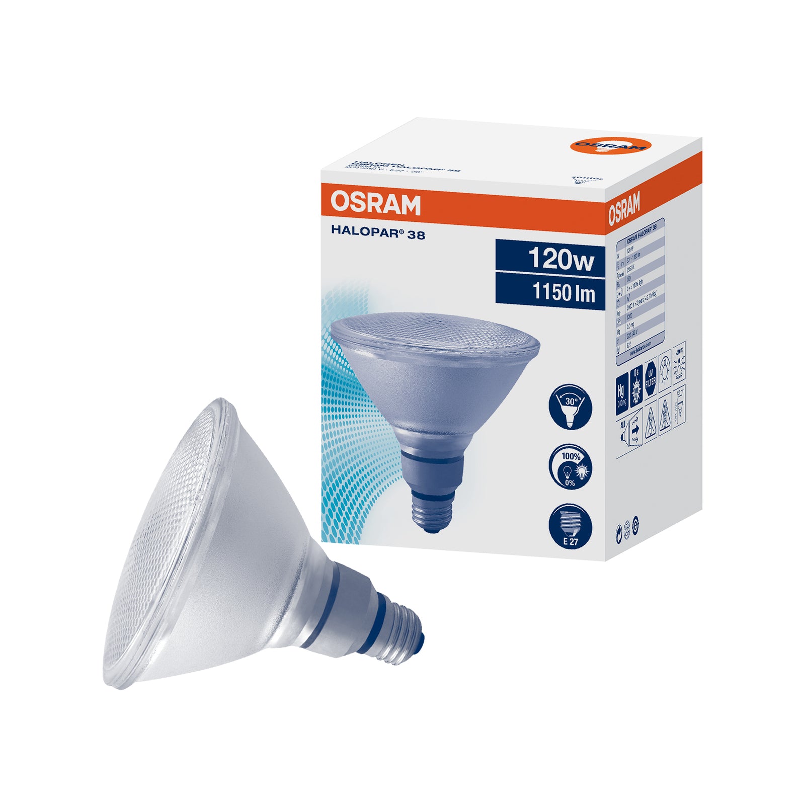 Osram PAR38 ES E27 Halogen Light Globe, 120W, 1150lm, Indoor, 1 Pack