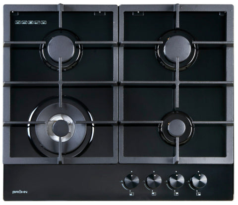 Brohn 60cm 4 Burner Black Glass Gas Cooktop - Wok Burner, Front Dial Controls, Flame Failure - BRGC6001BLK