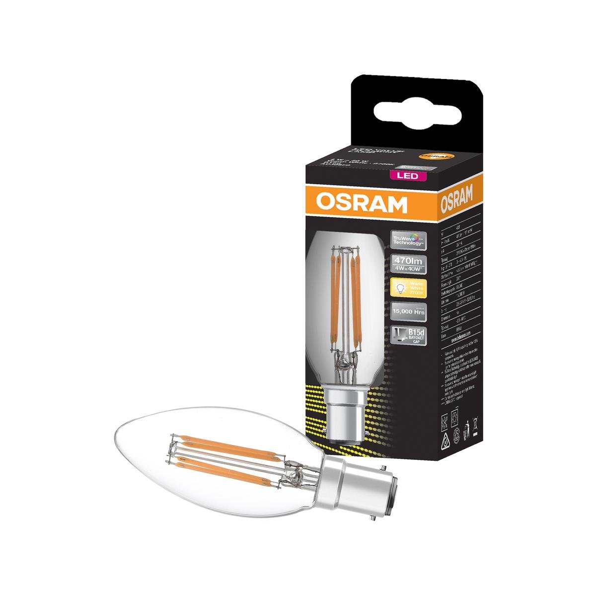 Osram Filament LED Candle Globe B15 470lm Warm White 4W