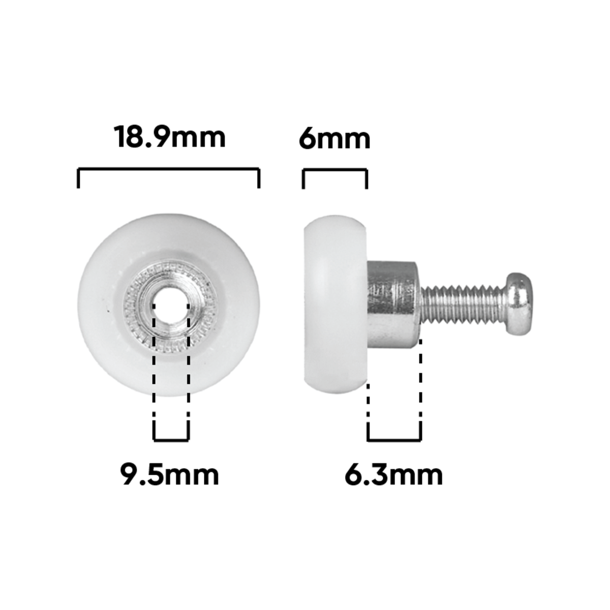 Rolltrak 19mm White Acetal Convex Roller with Screw - Shower Screen