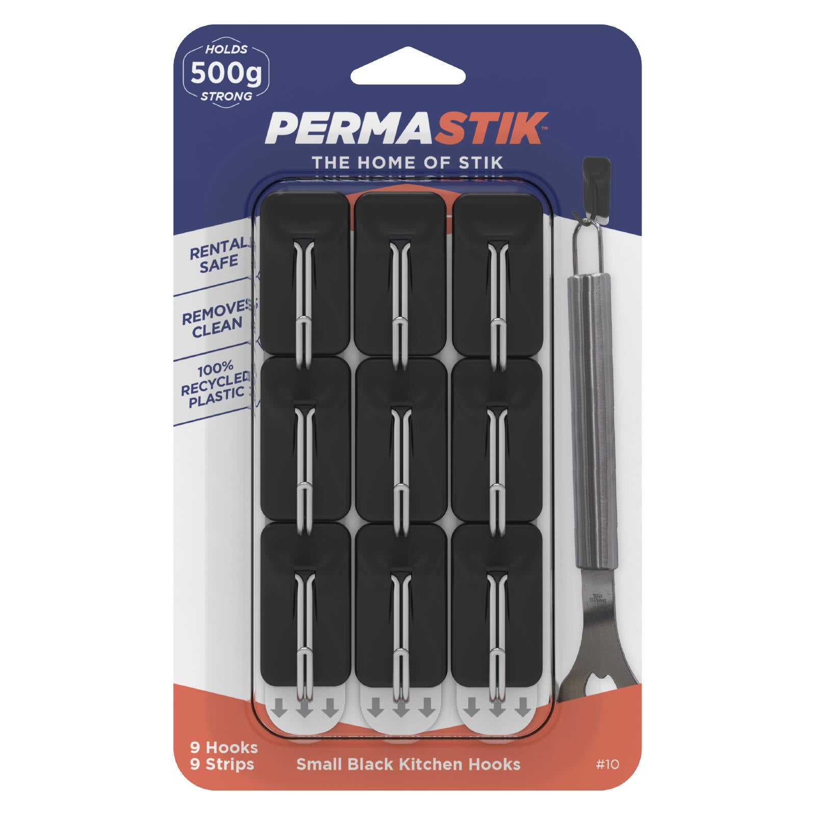 Permastik Small Self-Adhesive Kitchen Hooks 9 Pack - Black, Holds 500g