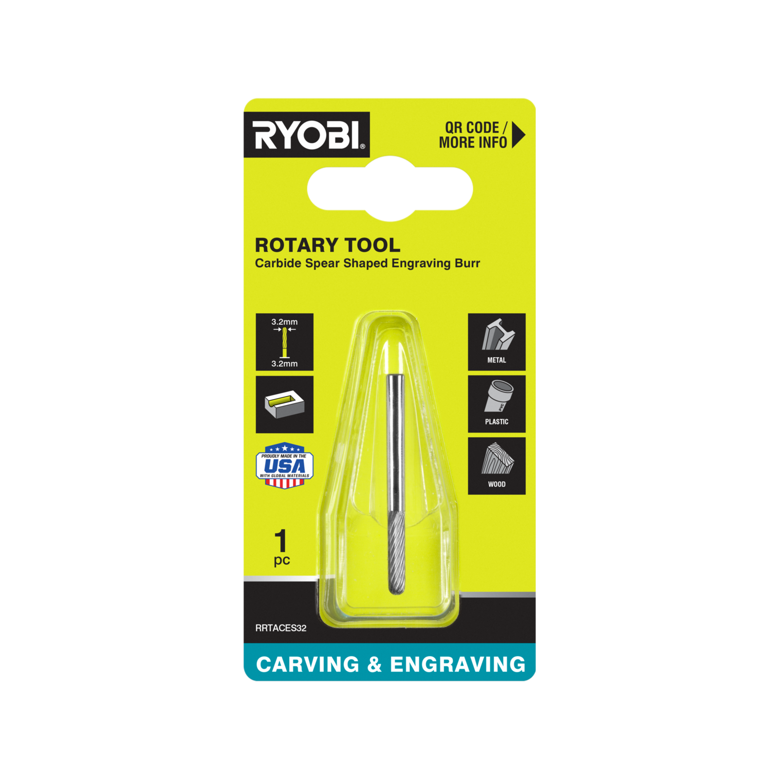 Ryobi 3.2mm Spear-Shaped Engraving Burr for Rotary Tools - Universal Shank