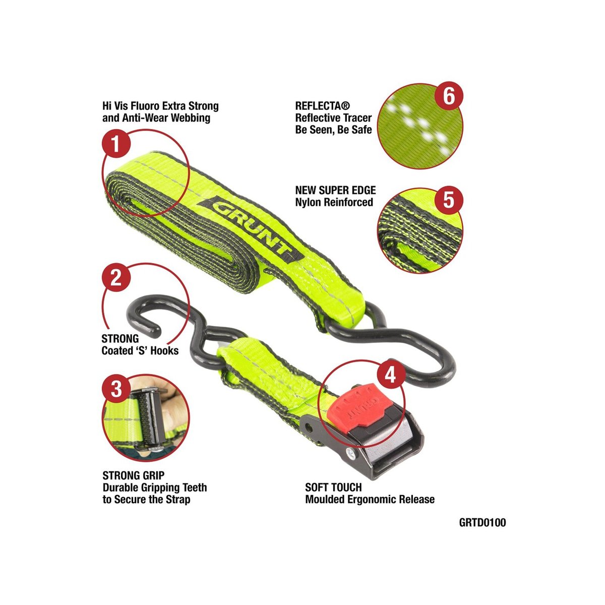 Grunt Pro Cam Buckle Tie Downs - 38mm x 3m - Reflective - 340kg - SuperSaverAU - view 5