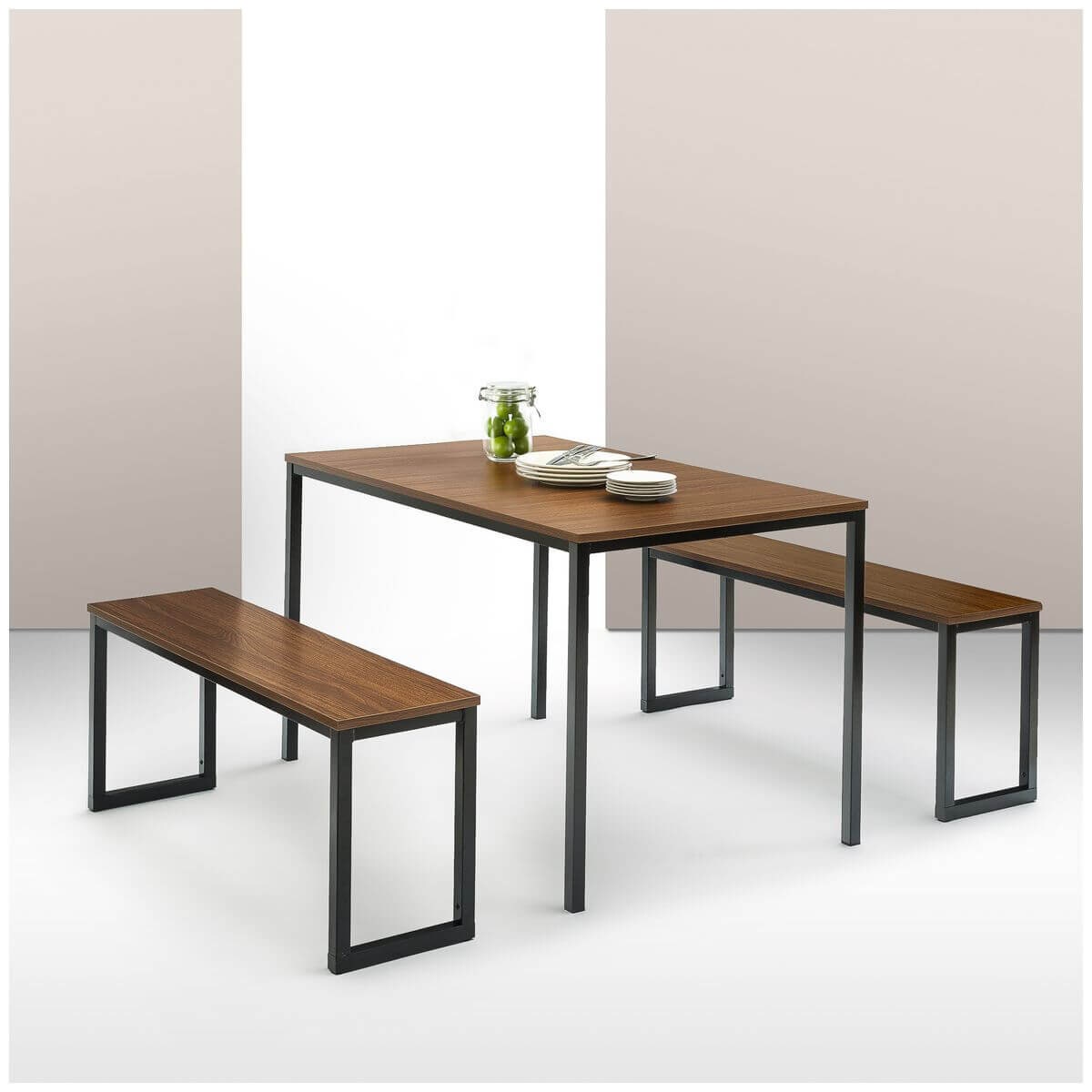 Zinus Louis 3 Piece Dining Set - Table and Two Benches, Seats Four, Steel Frame - AU-TS-4830