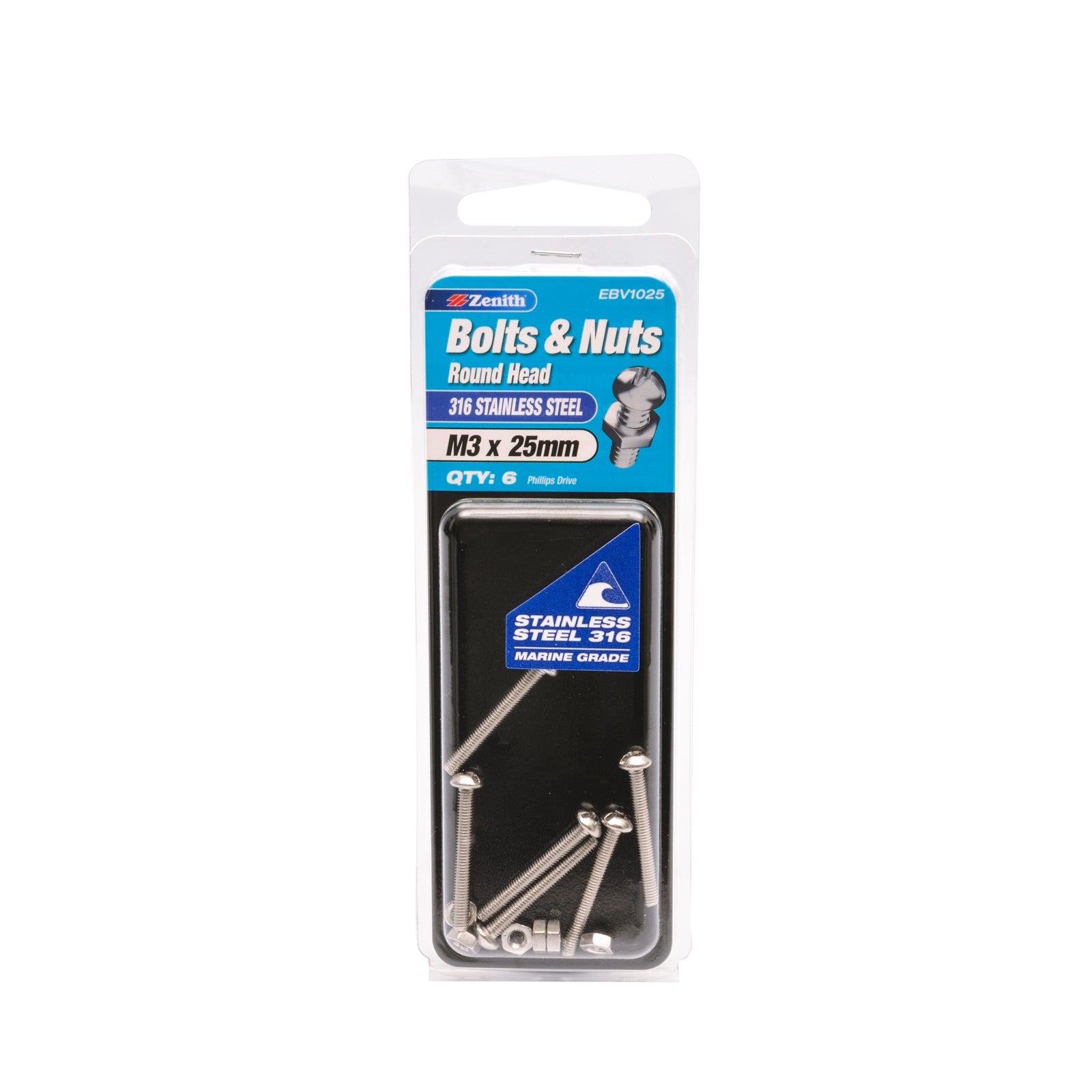 Zenith M3 x 25mm 316 Stainless Steel Round Head Bolt and Nut - 6 Pack