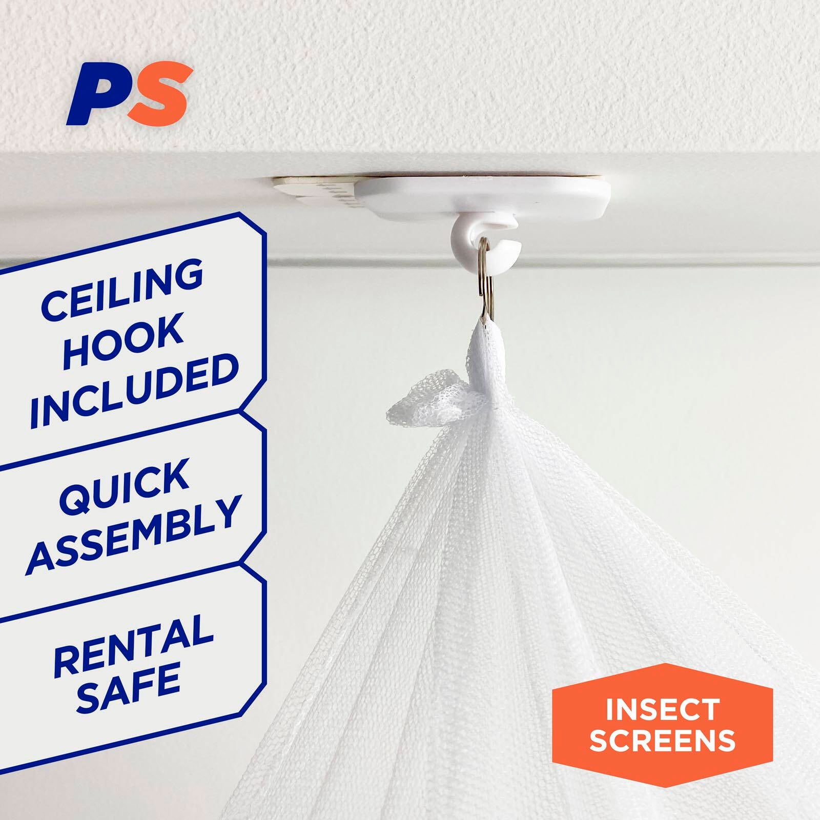 Permastik 2.3m x 2.75m White Mosquito Bed Net Kit - Polyester with Ceiling Hook