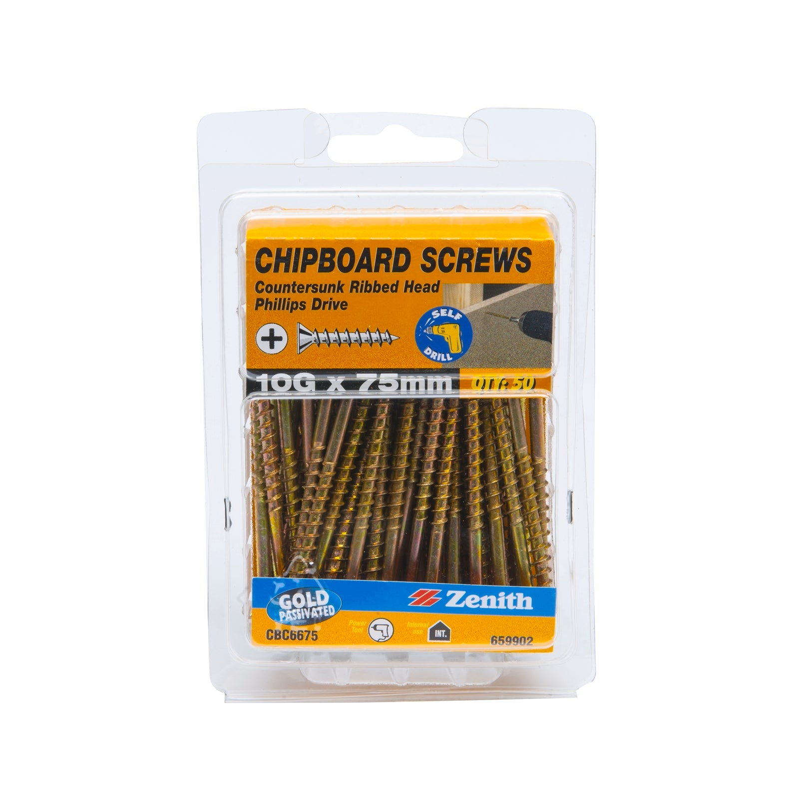 Zenith 10G x 75mm Gold Countersunk Rib Head Chipboard Screws - 50 Pack