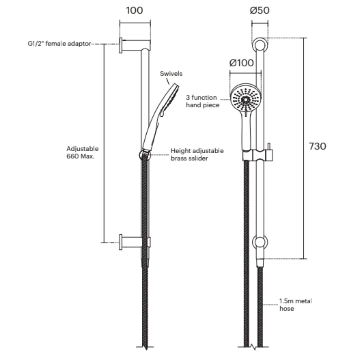 Rogerseller Tonic shower on integrated rail - 3-function hand piece, brass, Chrome finish - 3506003901