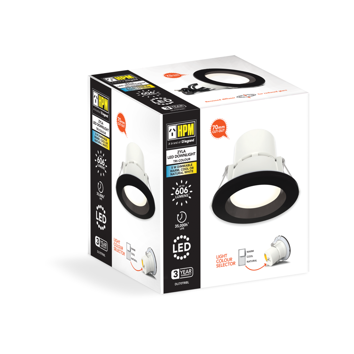 HPM Zyla 70mm Black LED Tri-Colour Recessed Downlight, 5W 606lm DLI70TRIBL