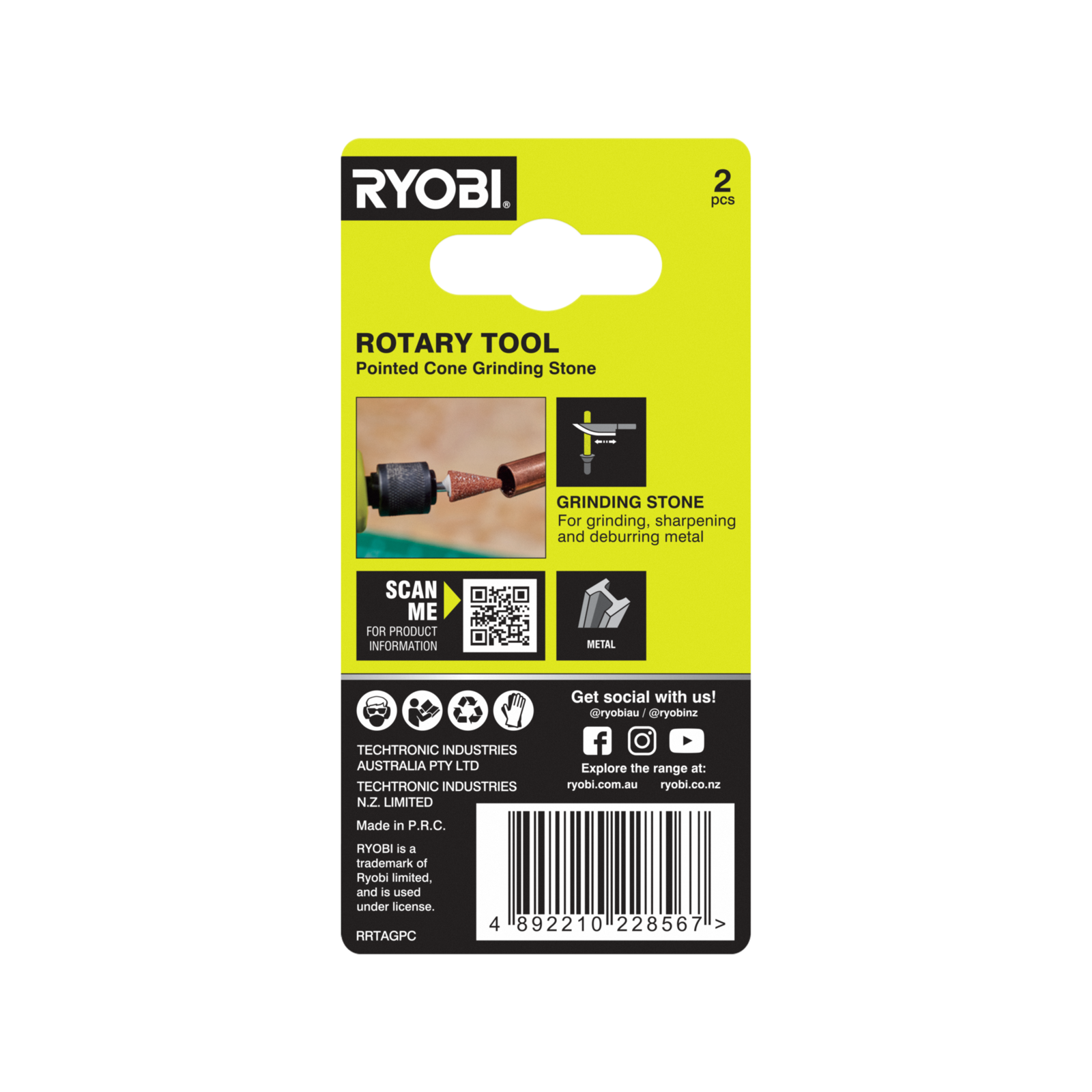 Ryobi 7.9mm Rotary Pointed-Cone Grinding Stone for Sharpening and Deburring