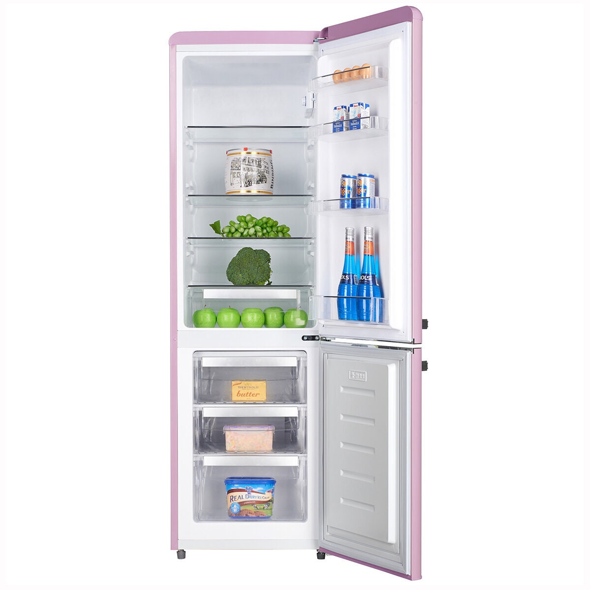 Linarie Annecy 242L Retro Bottom Mount Fridge - Pink, Silver Trim Details, Manual Defrost - LKCO250PINK