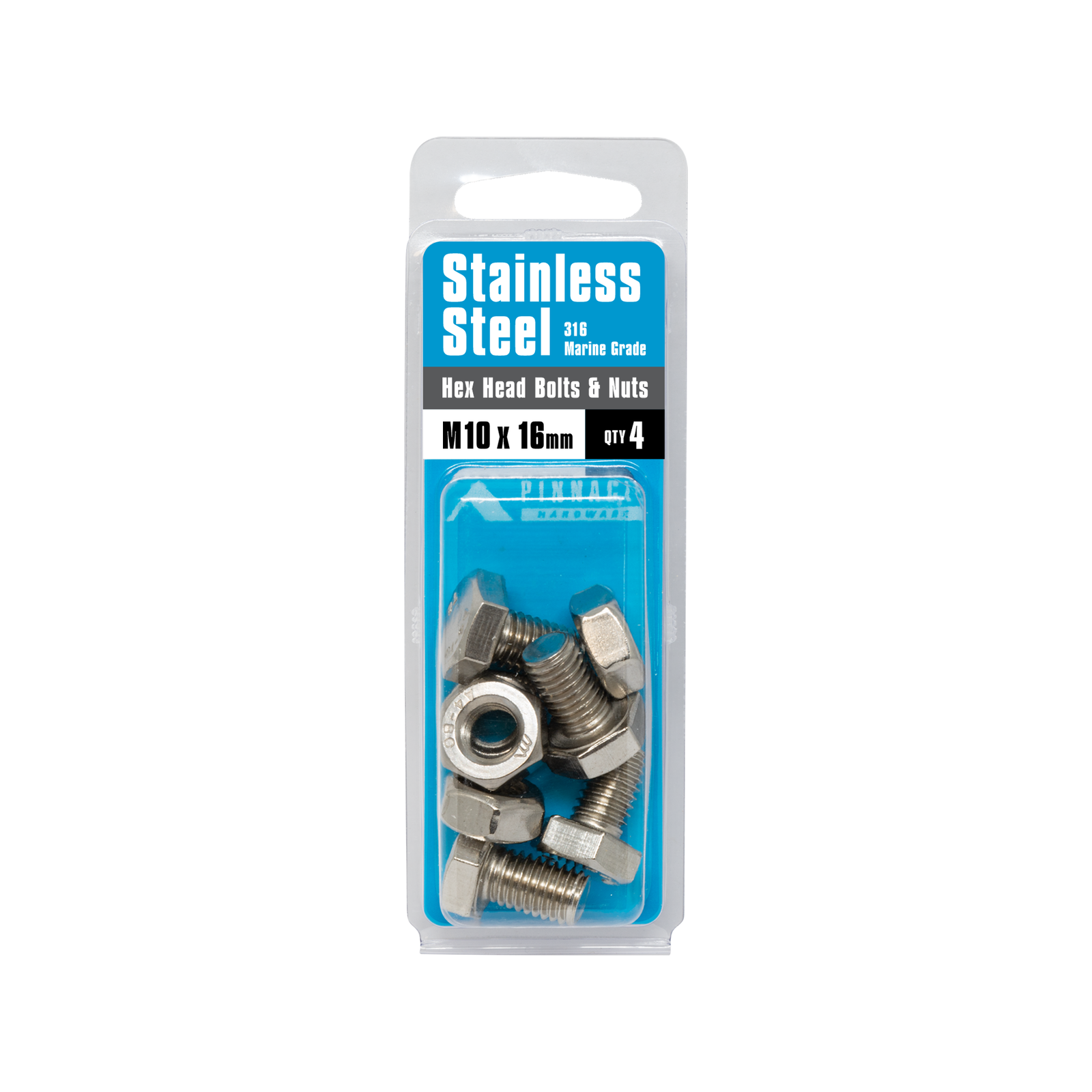 Pinnacle Hardware M10 x 16mm 316 Stainless Steel Hex Head Bolts And Nuts 4 Pack