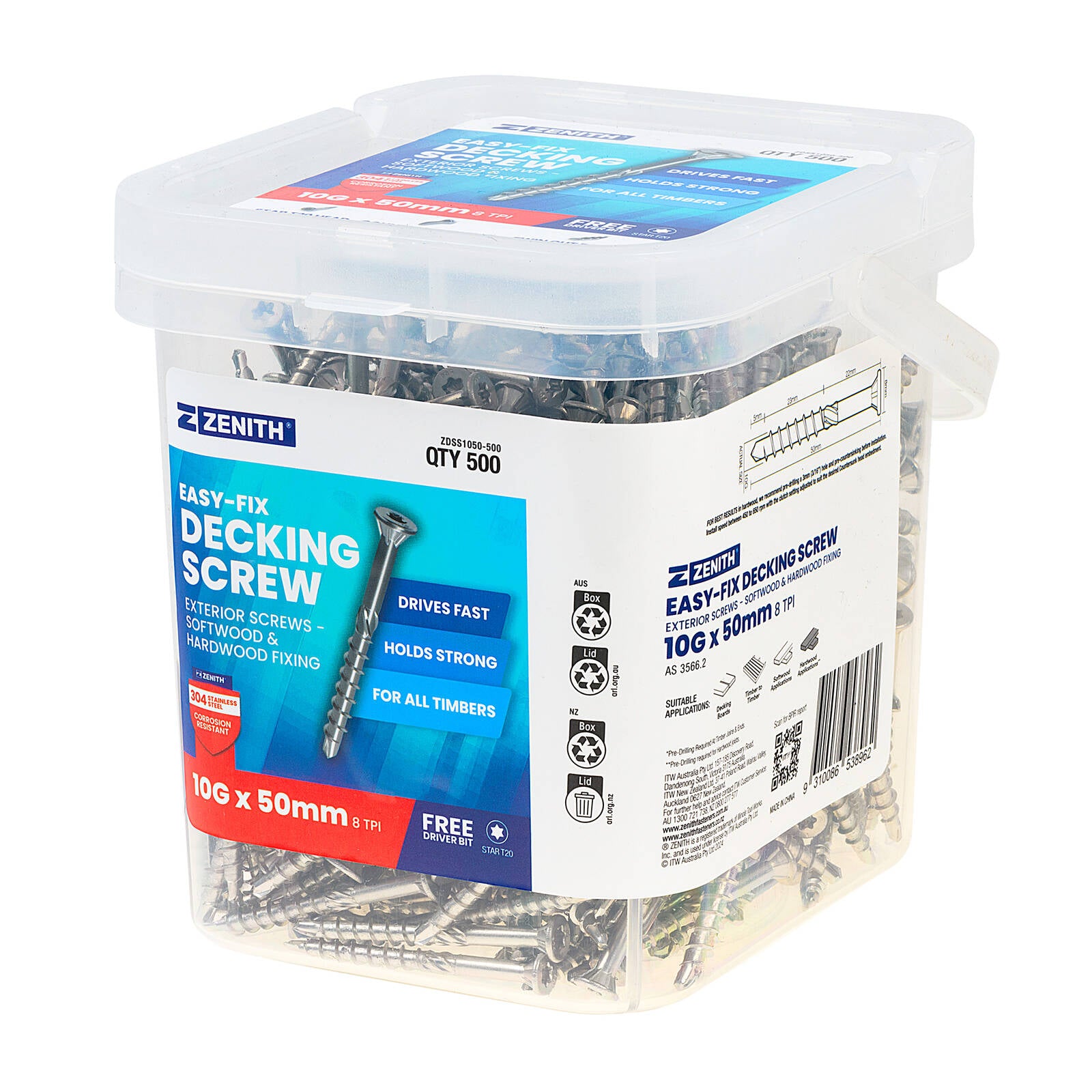 Zenith Easy-Fix Decking Screw T20 10G x 50mm SS304 Stainless, 500 Pack