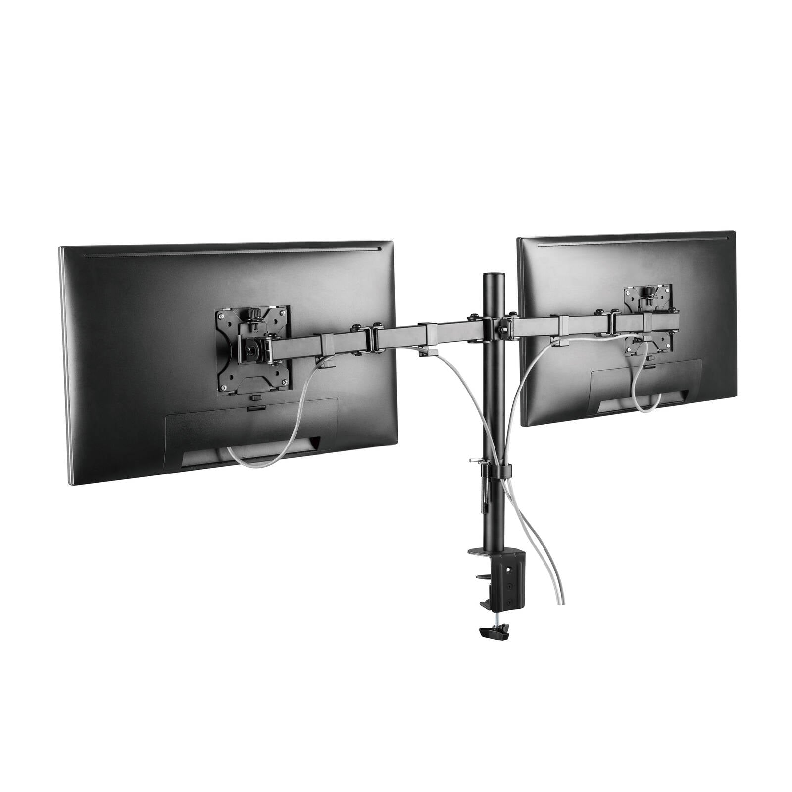 Practa Full Motion Dual Arm Monitor Mount PRMMD 13-32 inch Black Steel, Clamp or Grommet Fit