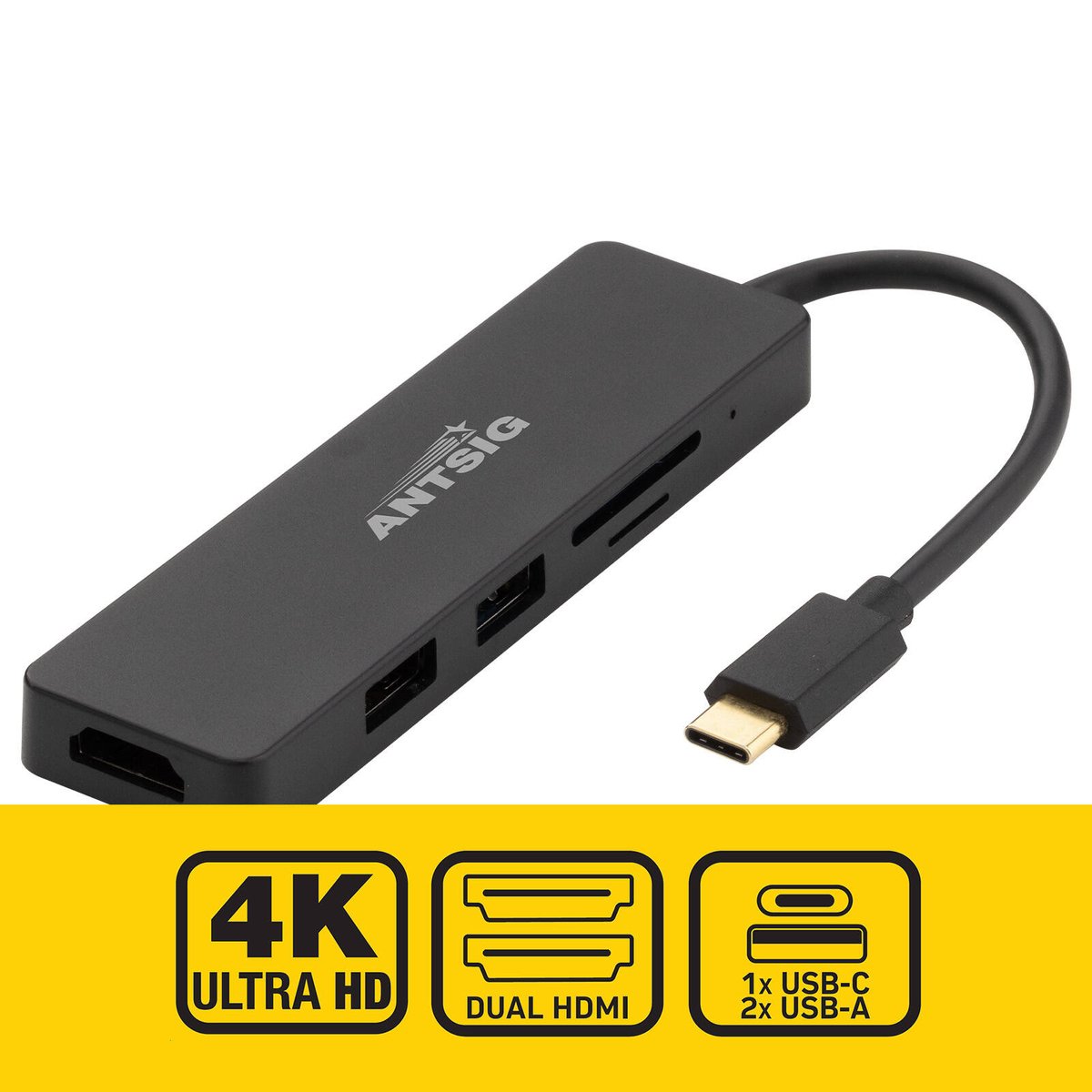 Antsig 5-In-1 USB-C Multiport Adapter AP583B - Black, HDMI, USB & SD/Micro-SD