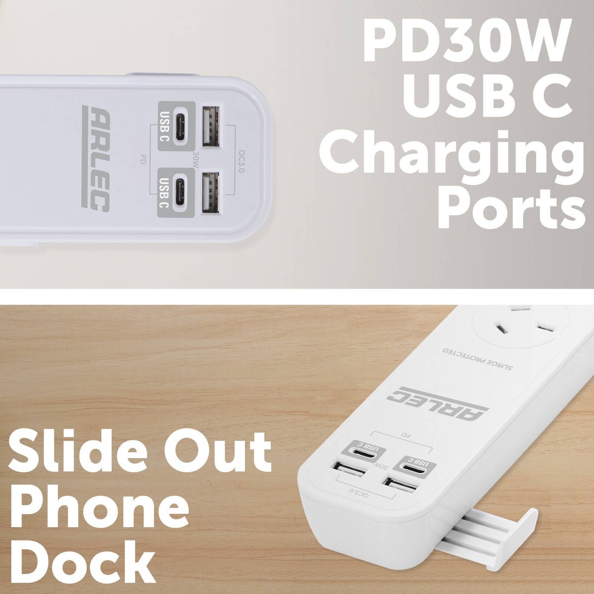Arlec 2 Outlet Portable Powerboard with PD30W Rapid Charging 2x USB-A & 2x USB-C White PBHB2AC-30W