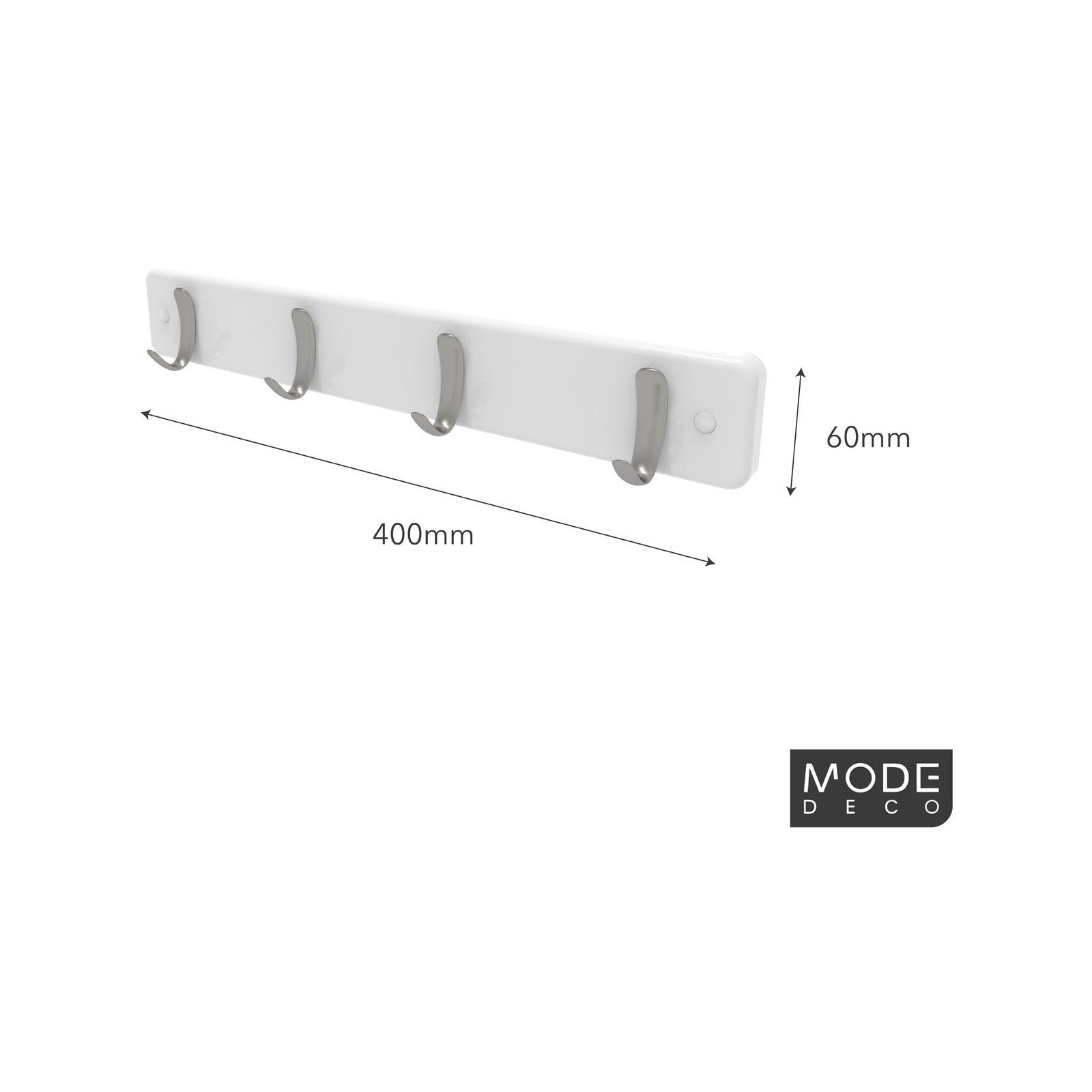 Mode White Hook Rack 4 Brushed Nickel Hooks