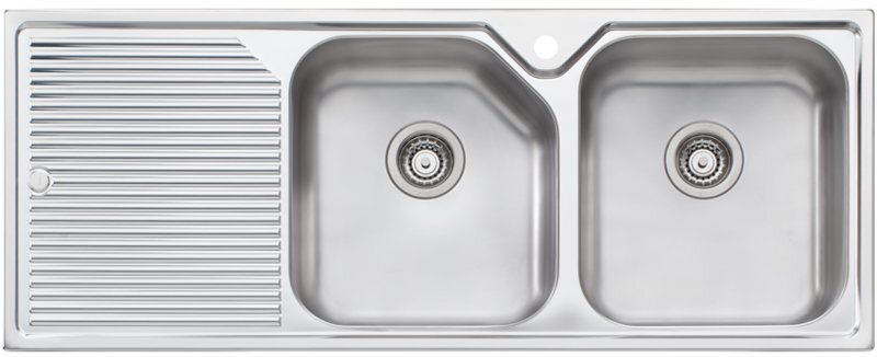 Oliveri Nu-Petite 1250mm Double Bowl Sink - Left Hand Drainer, Rear Waste Outlets, Australian Made - NP672
