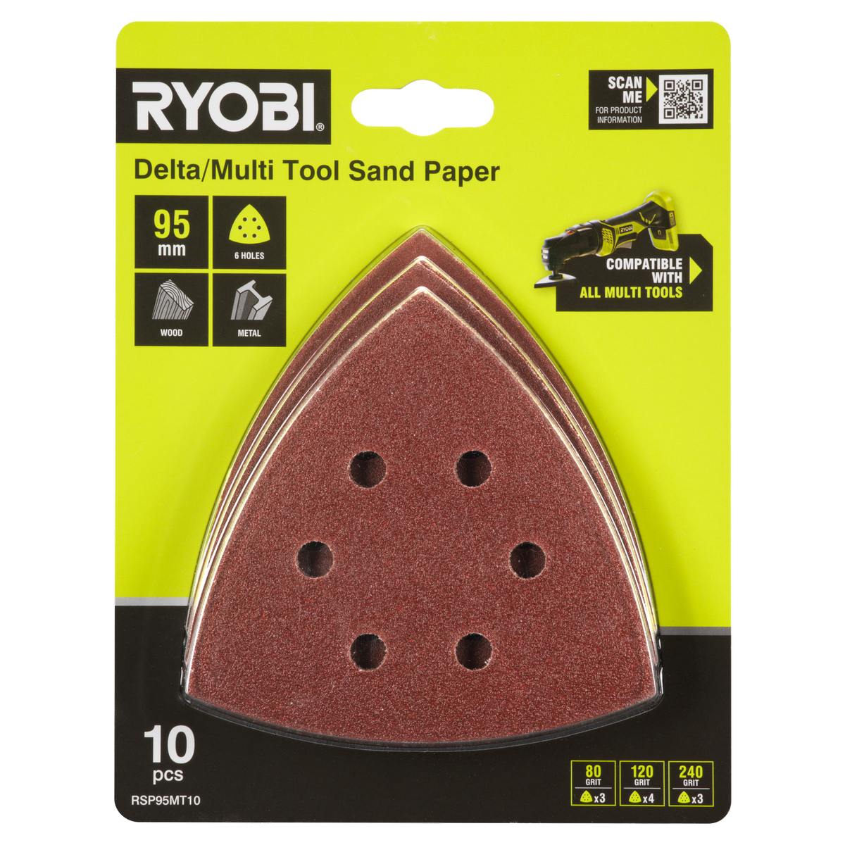 Ryobi 10 Piece 95mm Delta Multi Tool Sanding Set - 80/120/240 Grit - SuperSaverAU - view 2