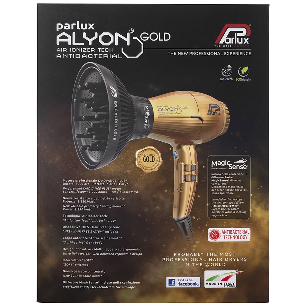 Parlux Alyon Air Ionizer Hair Dryer 2250W - Gold - MagicSense Diffuser Pack for Curls - 150134