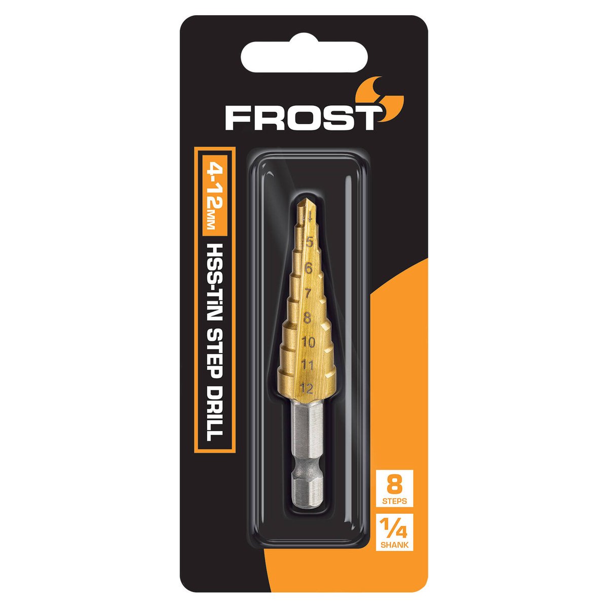 Frost 4-12mm HSS-TiN Step Drill, 8 Steps, 1/4" Hex Shank