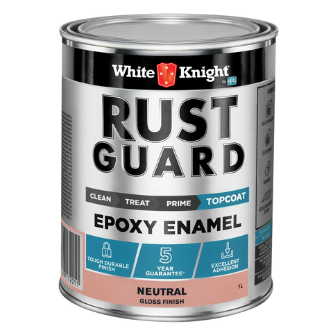 White Knight Rust Guard 1L Neutral Gloss Epoxy Enamel Paint, Solvent-Based, One-Step for Metal Surfaces