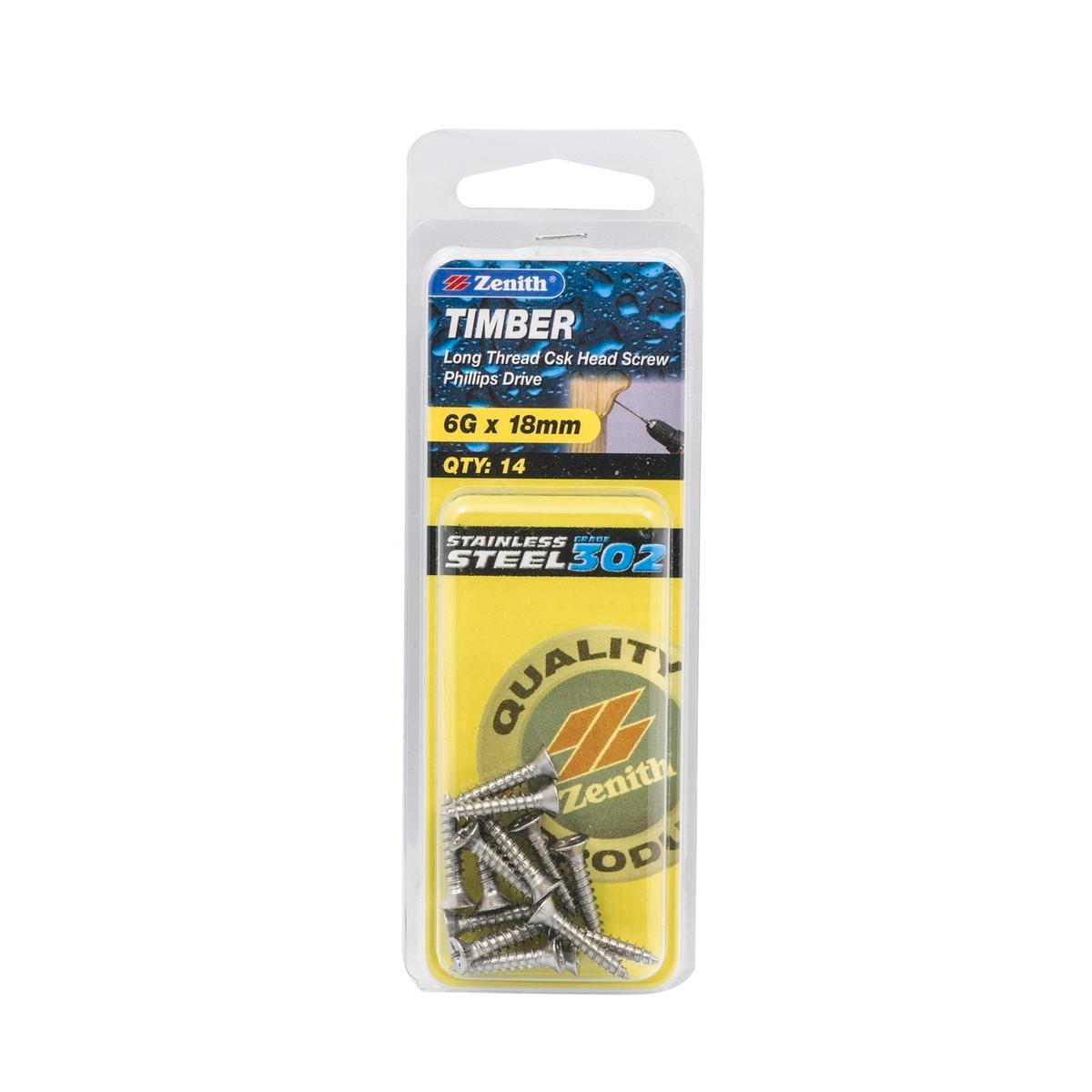 Zenith 6G x 18mm 302 Stainless Steel Countersunk Timber Screws - Long Thread, Phillips, 14 Pack