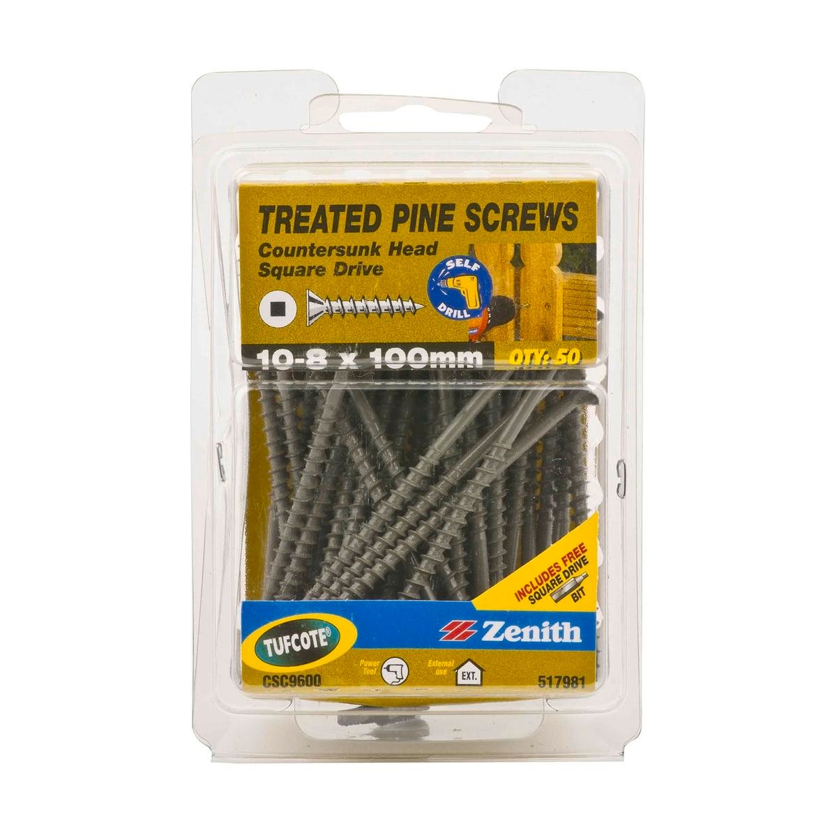 Zenith 8-10 x 100mm Treated Pine Countersunk Head Screws - Tufcote, Needle Point, 50 Pack
