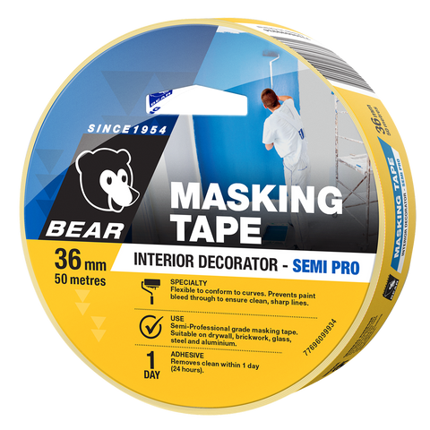 Bear Interior Decorator Masking Tape 36mm x 50m Yellow - SuperSaverAU - view 1
