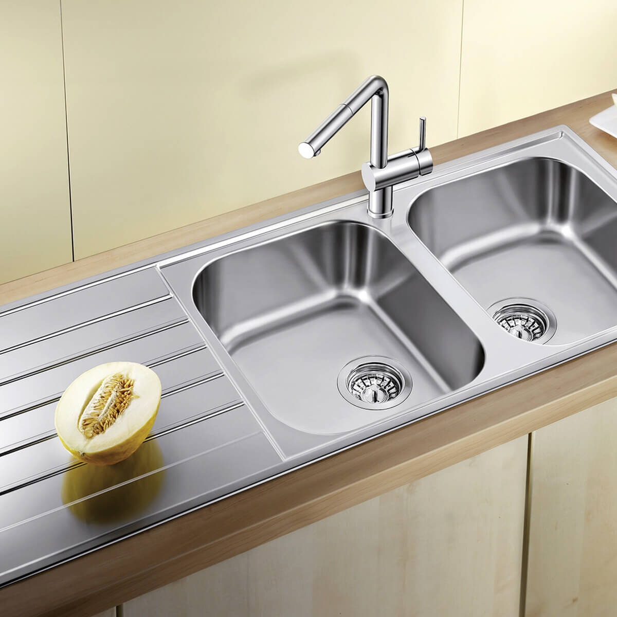 Blanco LIVIT 8S double bowl inset sink - left hand drainer, brushed stainless steel - LIVIT8SR