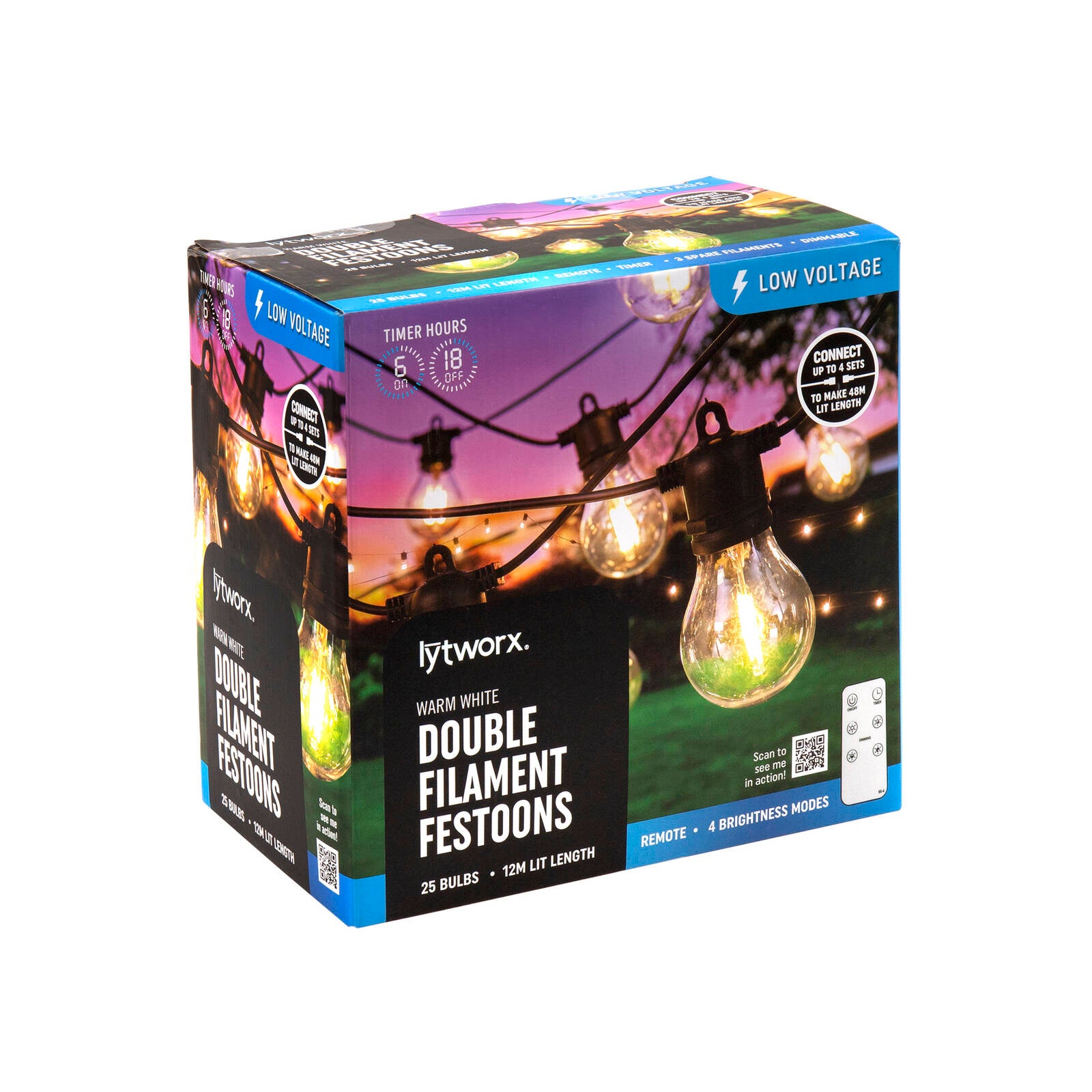 Lytworx 12m Warm White Double Filament Festoon Lights 25 Pack 70739 - Connectable, Remote
