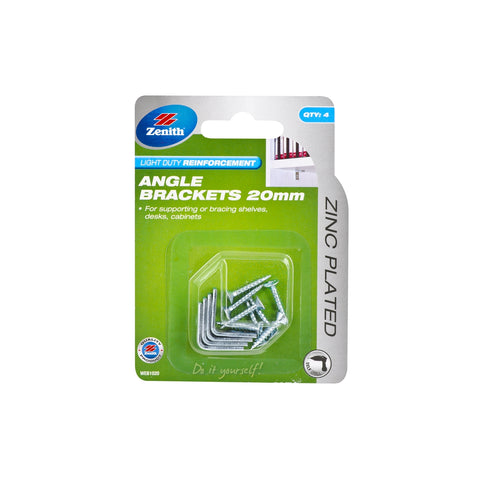 Zenith 20mm Zinc Plated Steel Angle Brackets, 4 Pack with Screws for Shelves and Cabinets
