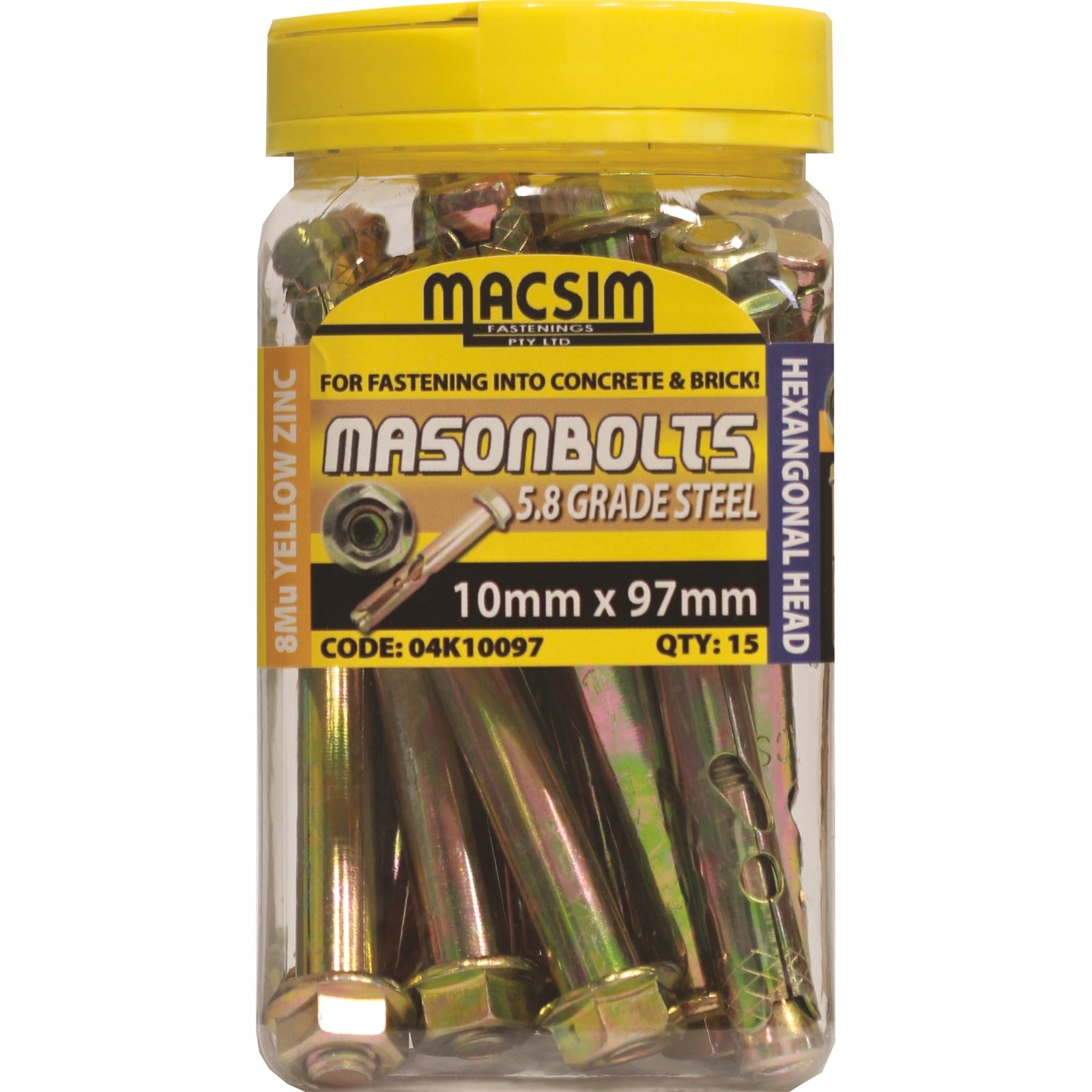 Macsim 10 x 97mm Yellow Zinc Plated Masonry Sleeve Anchor, Hex Nut - 15 Pack