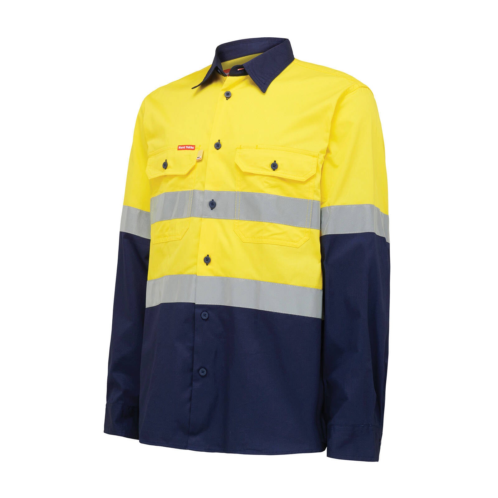 Hard Yakka Yellow/Navy Hi Vis Taped Long Sleeve Cotton Shirt Size M
