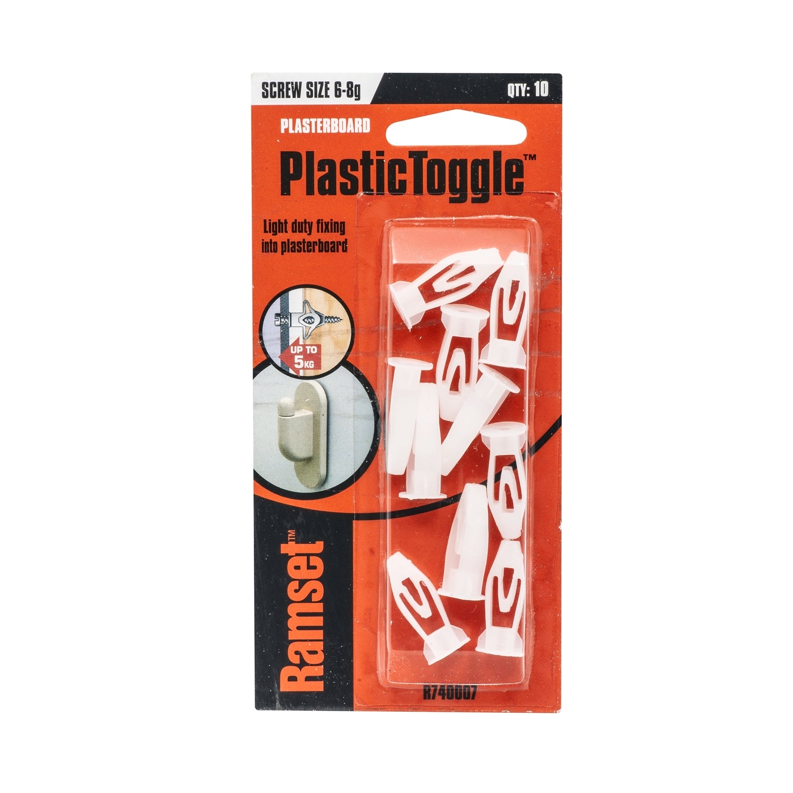 Ramset 10-12mm Plastic Toggles Nylon Cavity Fixing - 10 Pack, White