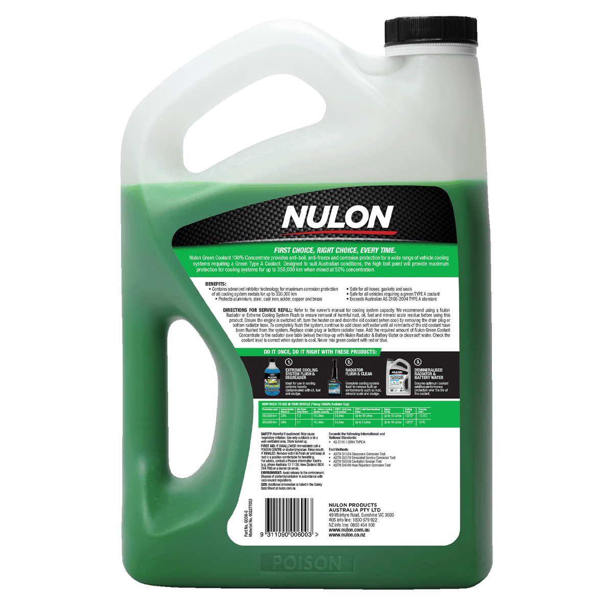 Nulon Green Coolant 100% Concentrate 5L Anti-Freeze Anti-Boil Type A