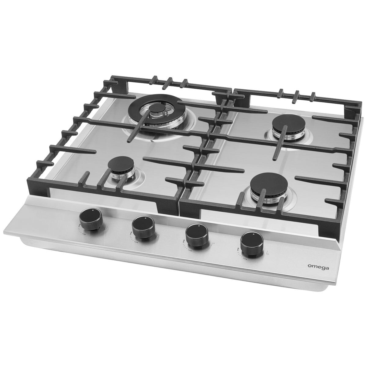 Omega 60cm Natural Gas Cooktop - Stainless Steel, Wok Burner, SafeSlide Cast Iron Trivets - OCG604WX